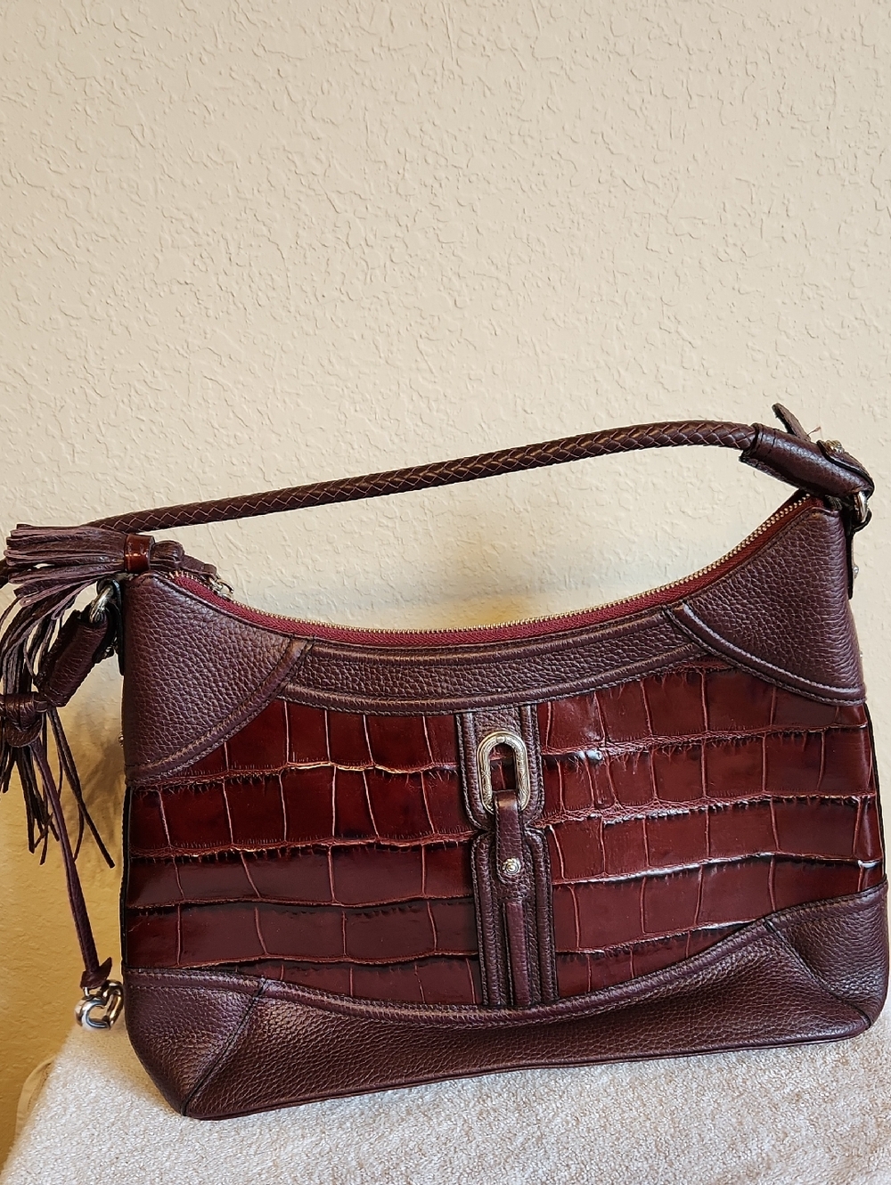 Brighton Deep Burgundy Croc-Embossed Shoulder Bag
